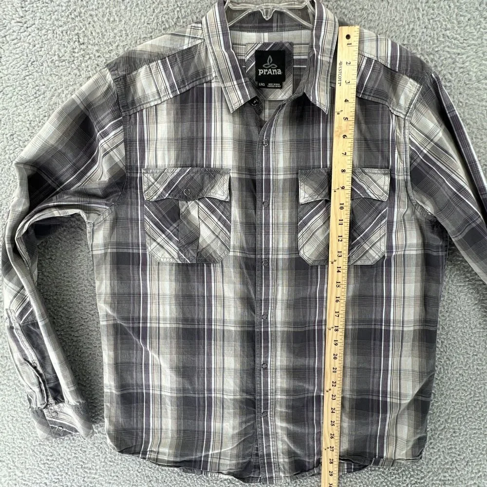 prAna Mens Large L/S‎ Button Down Tartan Madras Plaid Shirt Snap Hiking Outdoor